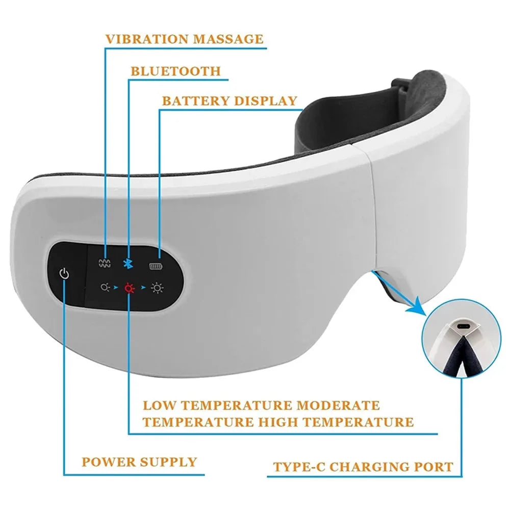 Masajeador de ojos inteligente 4D, instrumento inalámbrico para el cuidado de los ojos con vibración, compresa caliente, gafas de masaje ocular con Bluetooth, bolsa para fatiga, arrugas