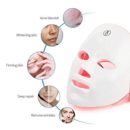 Máscara LED Facial de belleza de fotones 7 colores, rejuvenecimiento de la piel, estiramiento Facial en casa